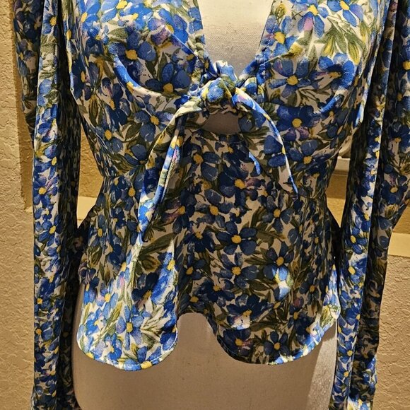 Forever 21 Floral Plumets S Top Garden Tulip Hem Peasant Boho Puff Sleeve - Picture 6 of 14